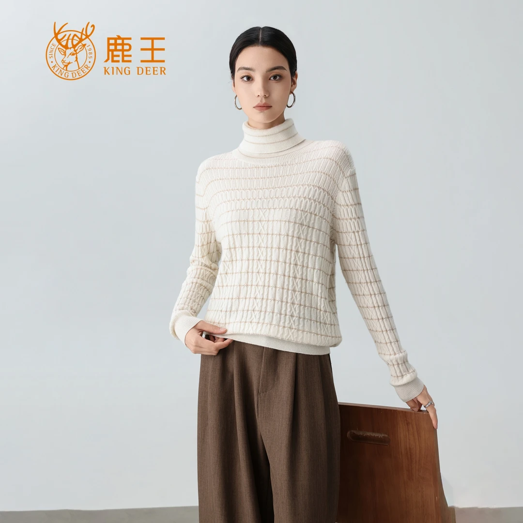 鹿王25秋冬新款女高翻领100山羊绒抽条修身条纹针织套衫 3M336