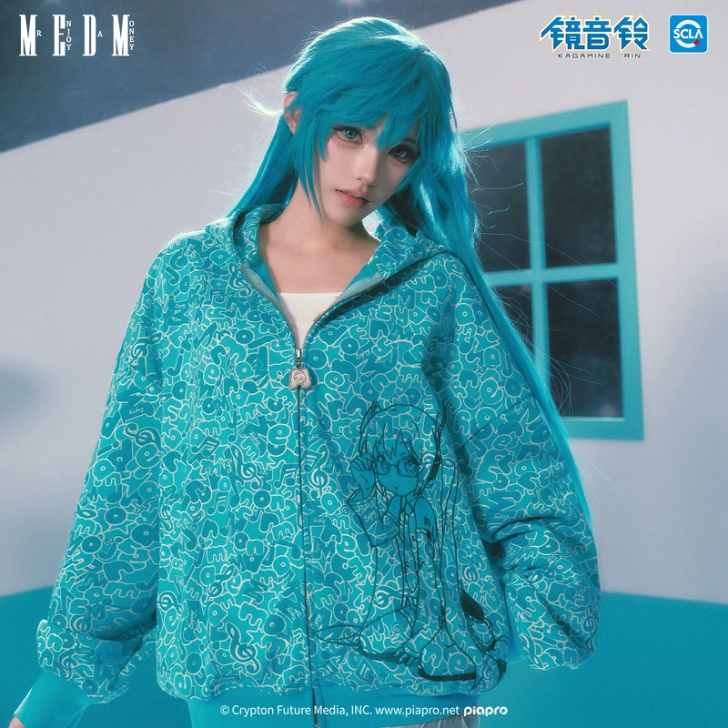 MEDMx初音未来满印迷彩休闲拉链帽衫女卡通风情侣开衫连帽卫衣秋