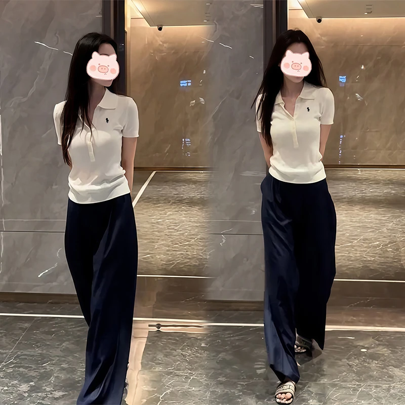 夏季新款设计感小众显瘦POLO领短袖上衣高腰阔腿休闲裤两件套女装