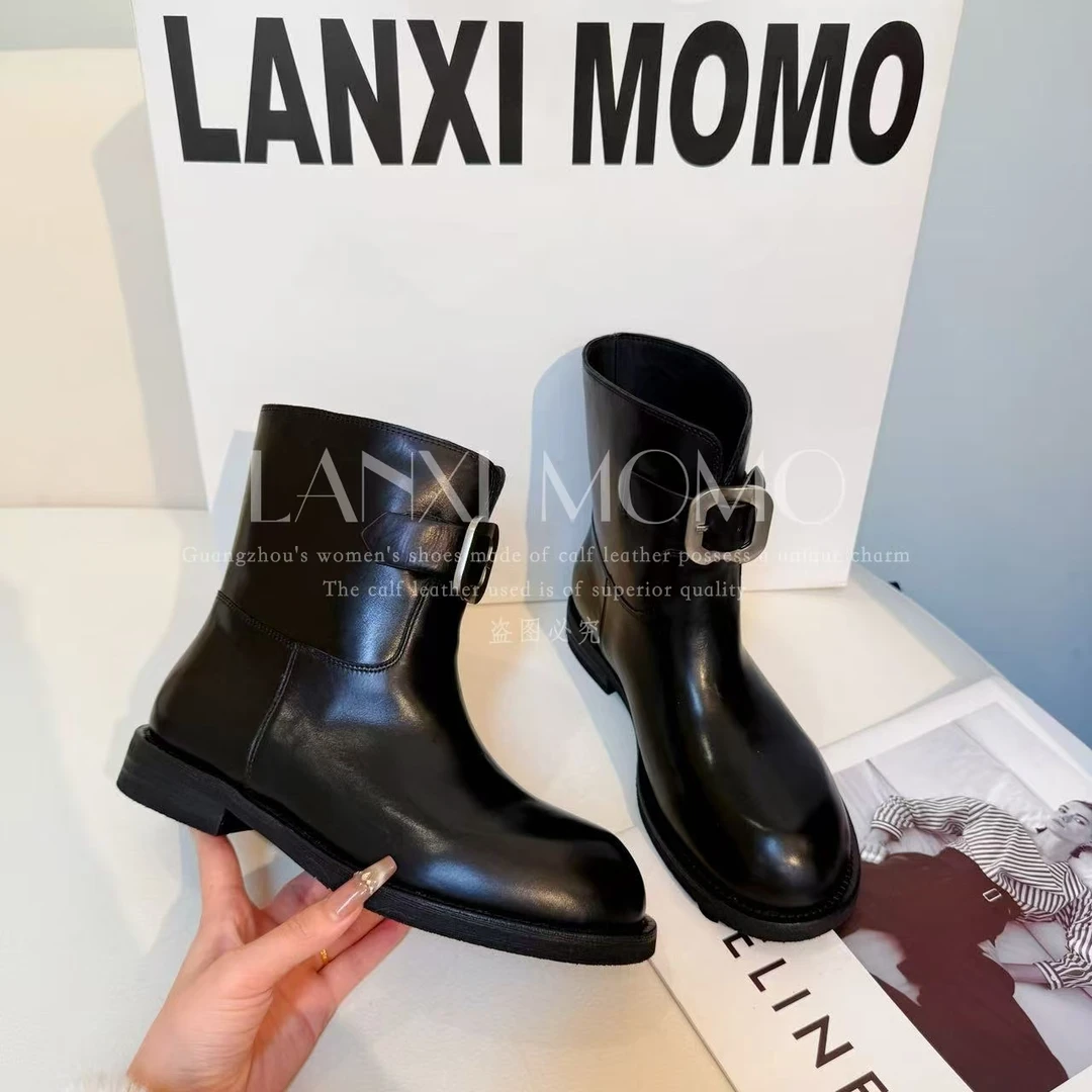 【茜妍】时尚百搭黑色厚底英伦风秋冬套脚真皮圆头短靴25XZ766LX