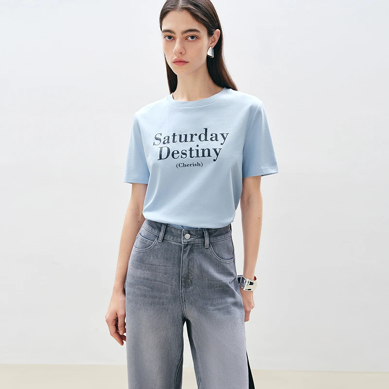 自巧小个子女装穿搭纯棉印花正肩短袖蓝色百搭圆领上衣 25ZQ92136