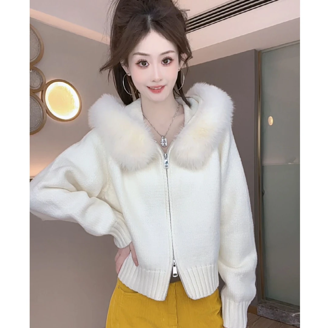 【奶狐绒白】冬季轻奢毛领连帽针织毛衣短外套新款洋气加厚开衫上衣