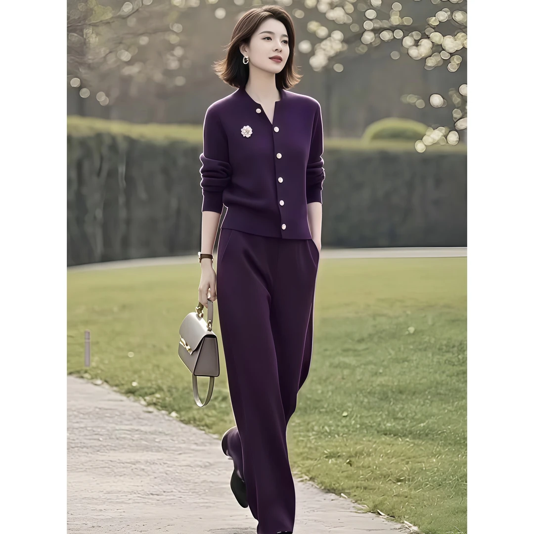 2025秋季女装新款设计感优雅高级感毛衣开衫+松紧腰裤子两件套