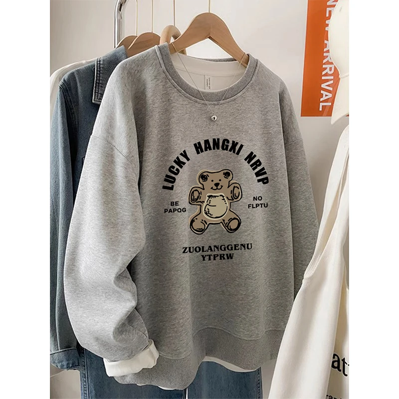 韩系ins小熊印花灰色加绒休闲圆领无帽卫衣女装大码宽松百搭上衣