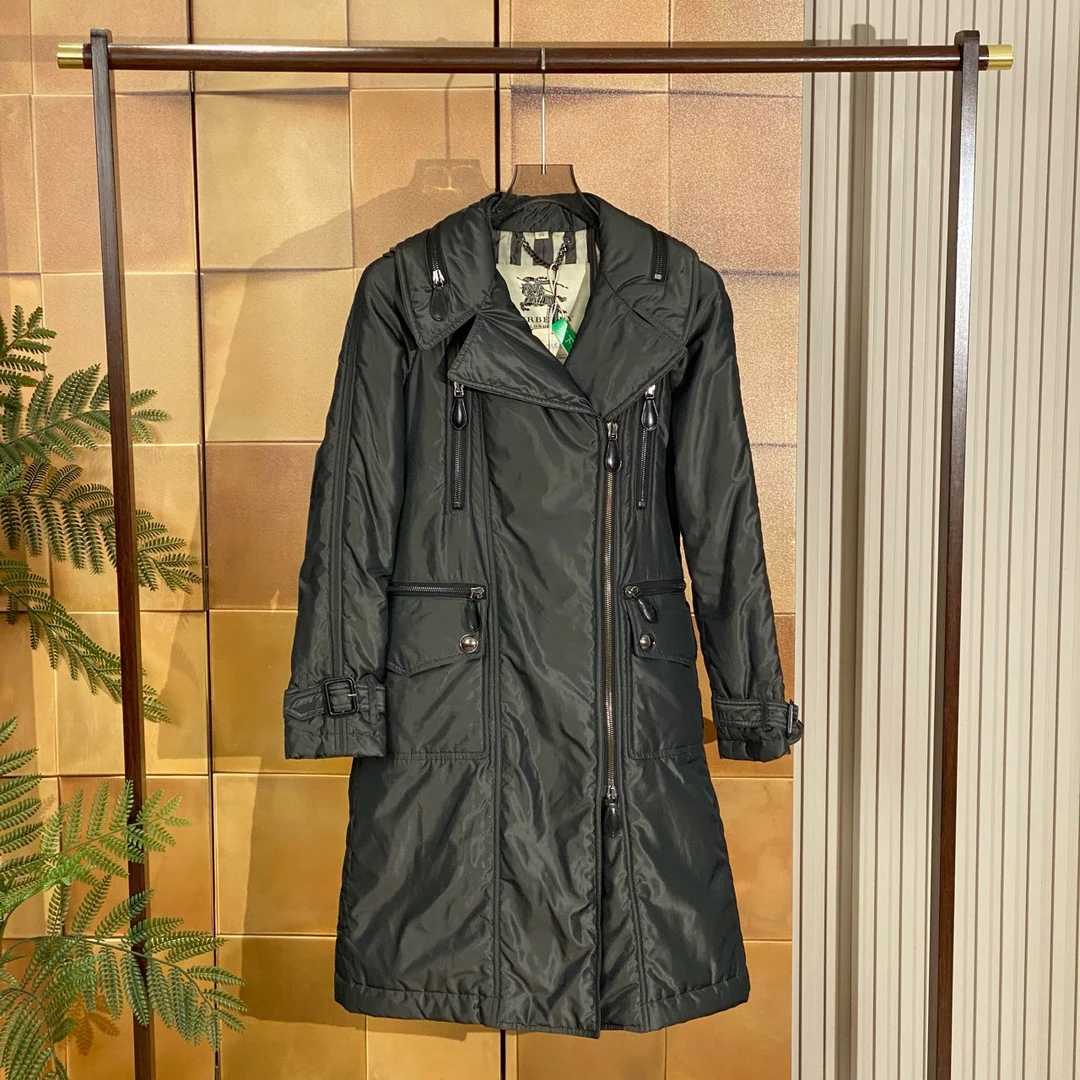 99新 BURBERRY/博柏利 灰色斜拉链长款棉服/38码/99新/25682