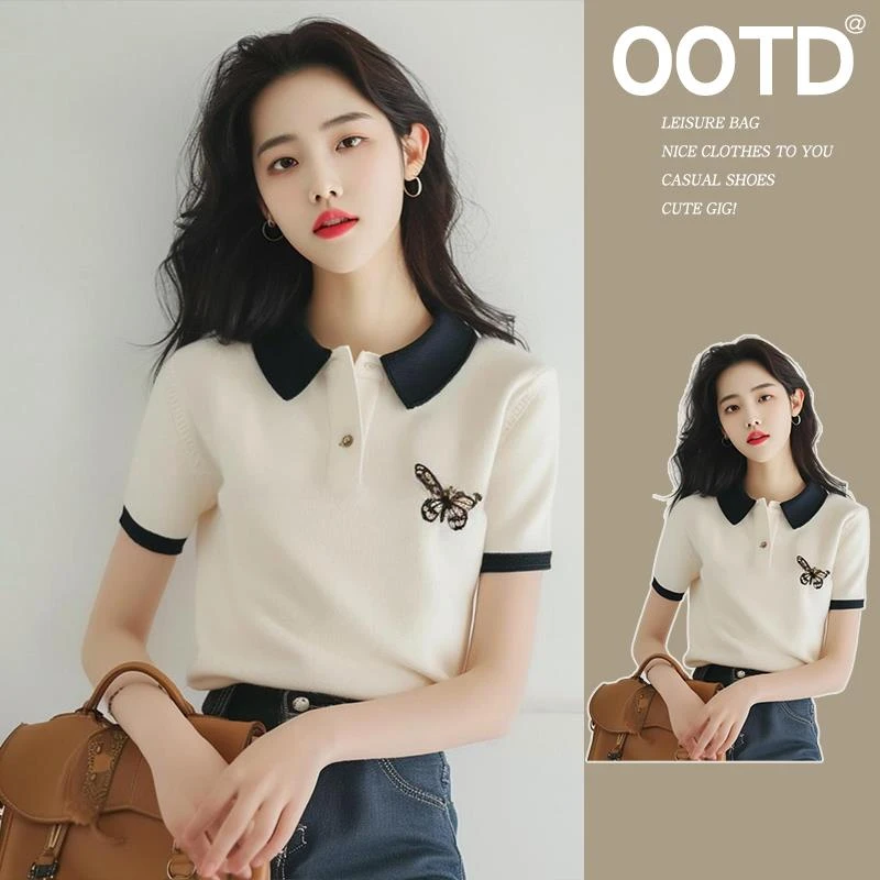 夏季独特别致超好看撞色polo衫通勤穿搭上衣设计感蝴蝶短袖t恤女