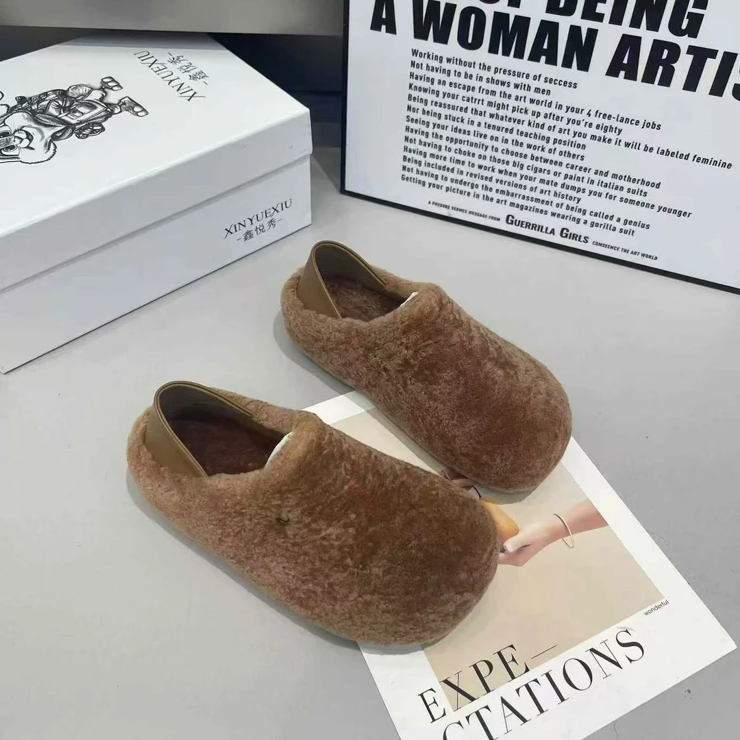 ins风羊羔毛圆头平底两穿毛毛鞋女2025新款百搭一脚蹬懒人豆豆鞋