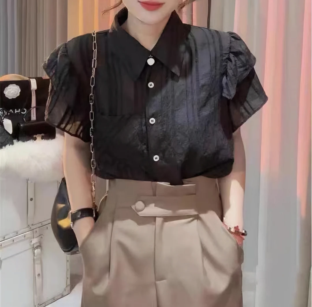 FF L胸110长58单排扣条纹宽松型落肩袖衬衫法式上衣小众轻奢 9278