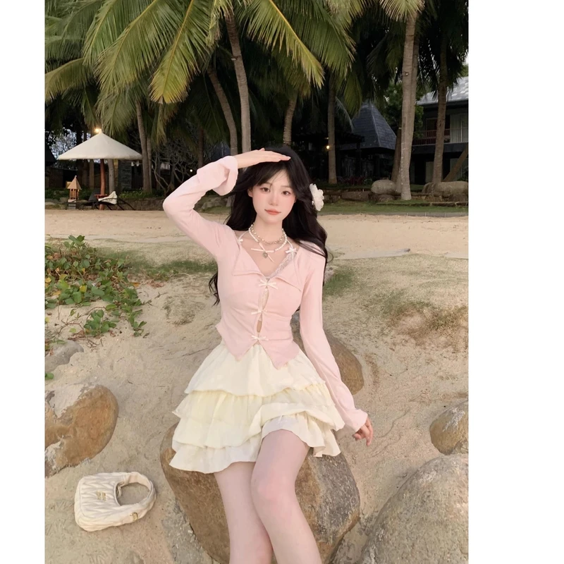 【破价秒发】纯欲甜美蝴蝶结翻V领微喇袖小心机针织小众上衣女套装