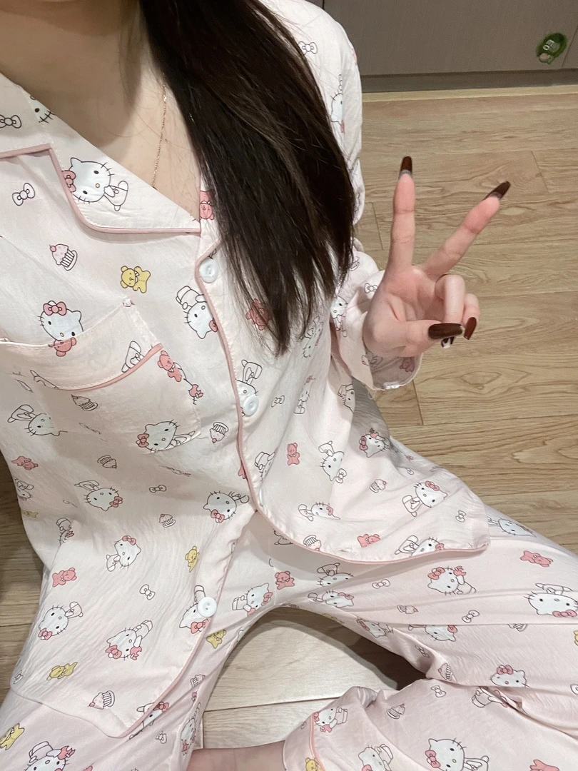 云朵棉纱感睡衣女春秋季长袖长裤套装ins风卡通甜美家居服可外穿