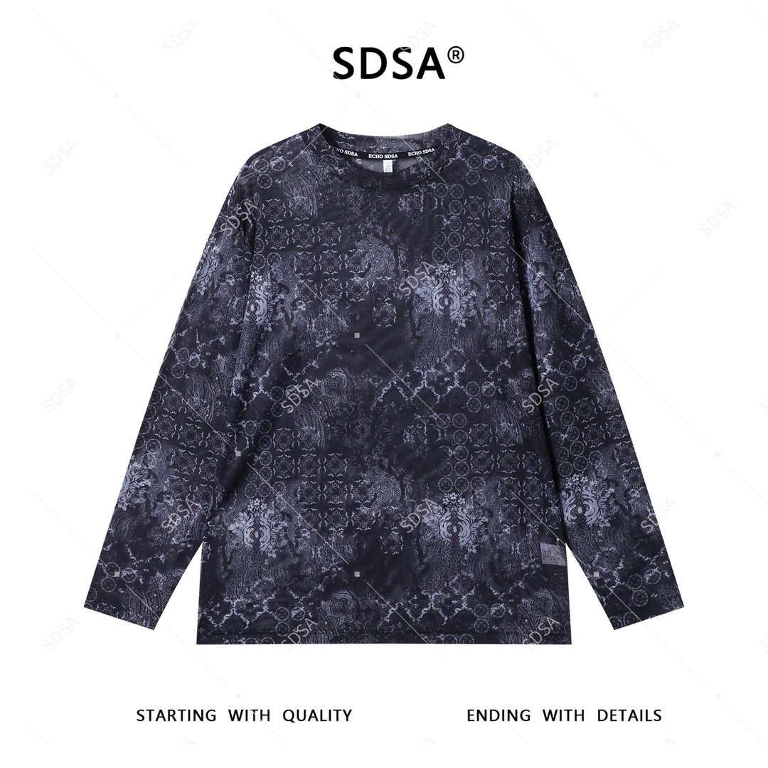 SDSA夏季新款男士痞帅潮牌简约花朵图案圆领长袖T恤宽松百搭上衣