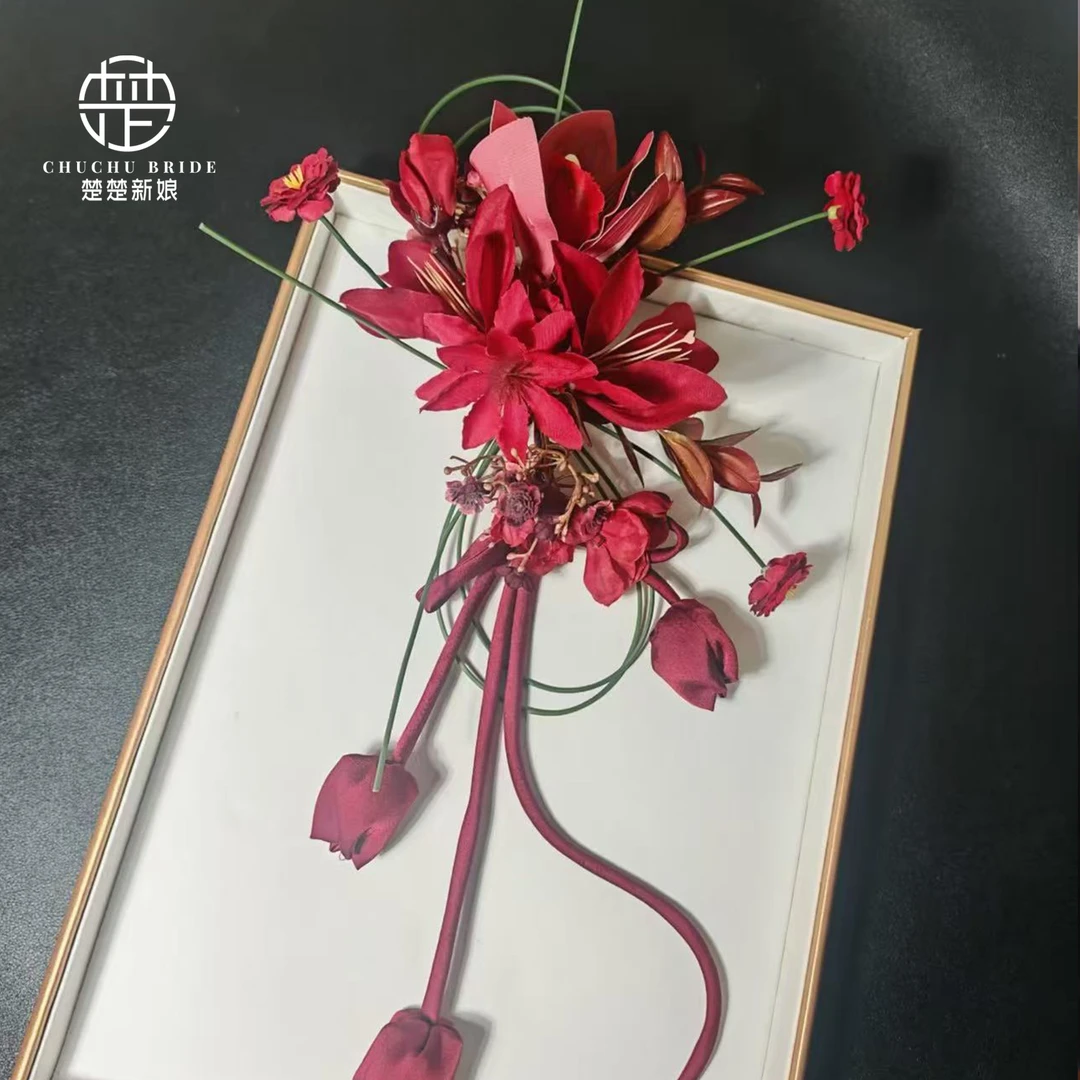 复古新娘结婚头饰森系红色仿真花盘发配饰敬酒服晚宴礼服跟妆造型