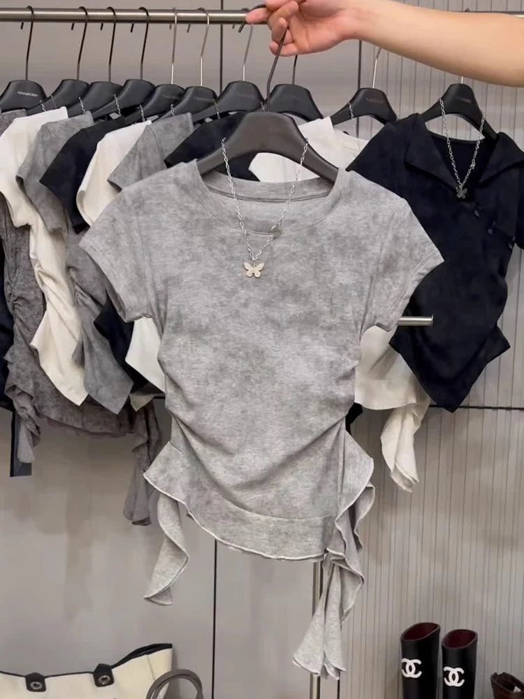 灰色扎染短袖t恤女2025夏季新款爆款时尚洋气别致绝美短款ins上衣