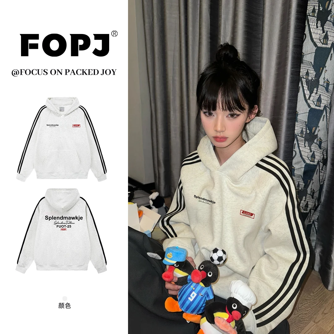 FOPJ美式潮牌学院风连帽卫衣女春秋新款休闲宽松百搭三杠外套上衣