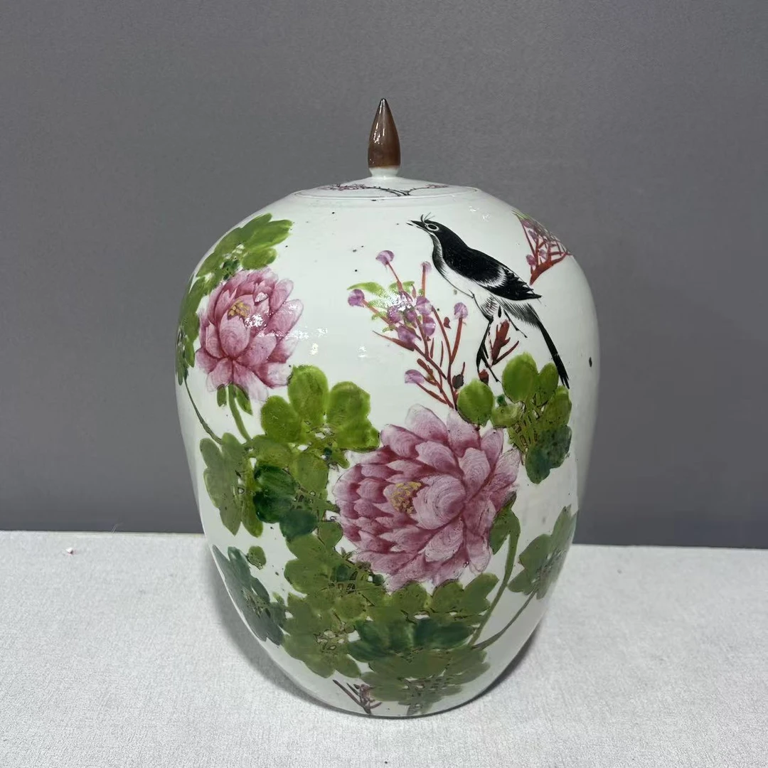 A0831031 民国  粉彩花鸟纹盖罐（口径9 肚径22 高32）