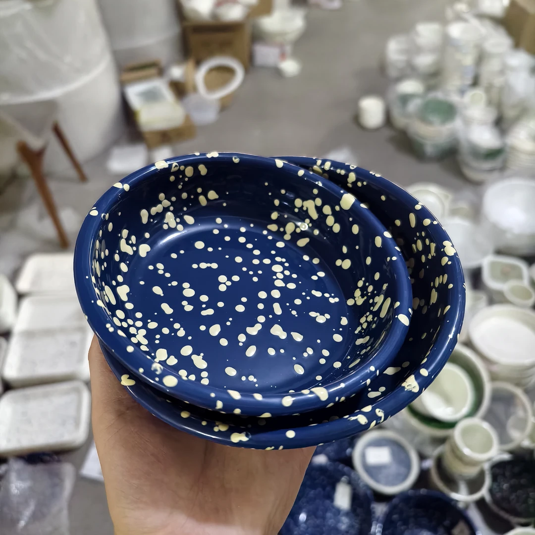 【黄撒点】蓝色  内外泼墨  珐琅搪瓷盘  家用甜品盘