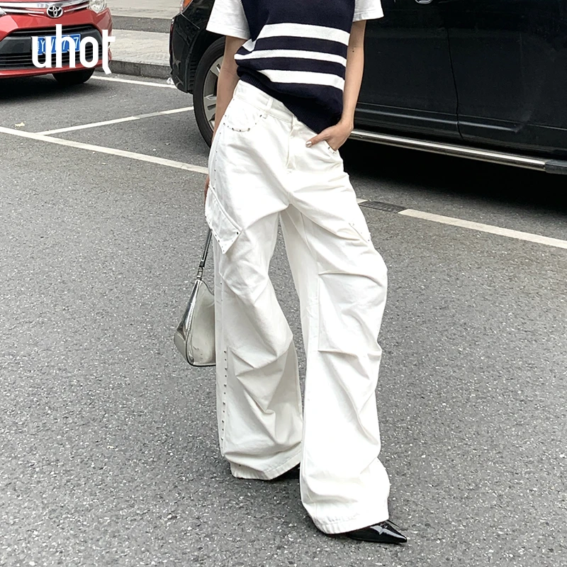 UHOT 白色铆钉工装ins宽松牛仔长裤松弛慵懒25夏季新款UWWR2K645M