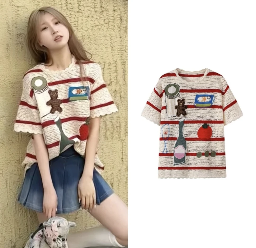 宽松T恤ol复古创意杂志风牛仔常规刺绣运动圆领短袖春夏