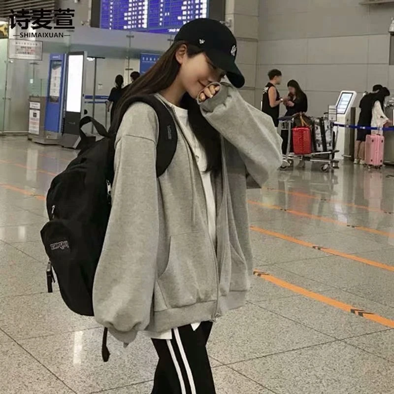 开襟连帽四季通用拼接卫衣上衣韩版加绒百搭慵懒风宽松长袖秋冬