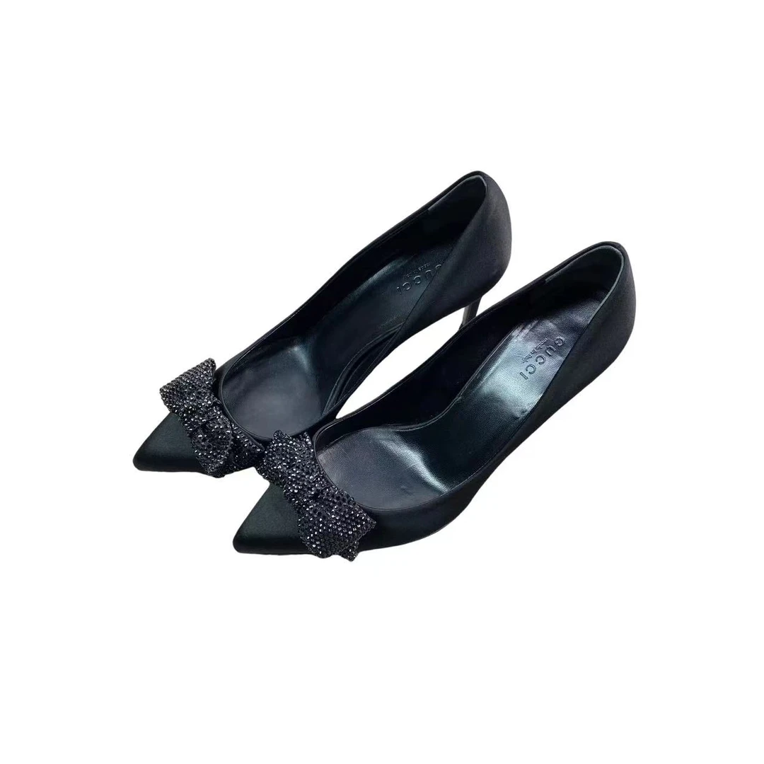 95新 GUCCI/古驰  aa一六四二 黑色蝴蝶结高跟鞋 37.5码 微瑕95新