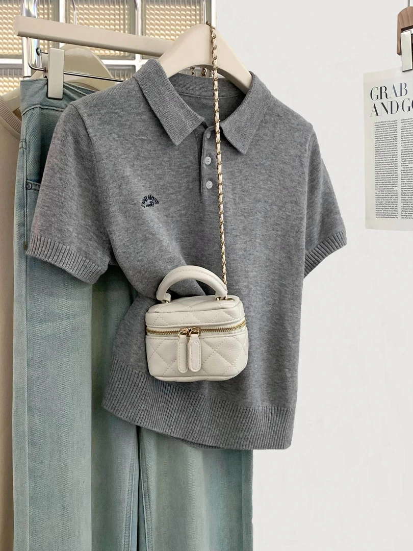 灰色POLO衫正肩针织短袖t恤女夏季夏2024新款巨夏天针织衫短袖女