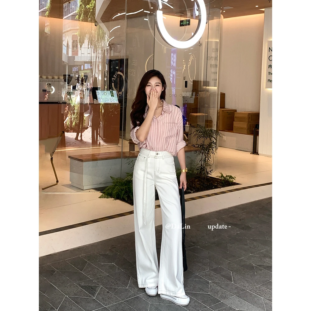 DUOXINIU/多喜牛/DaLin夏季白色上新窄版阔腿裤女高腰牛仔裤显高