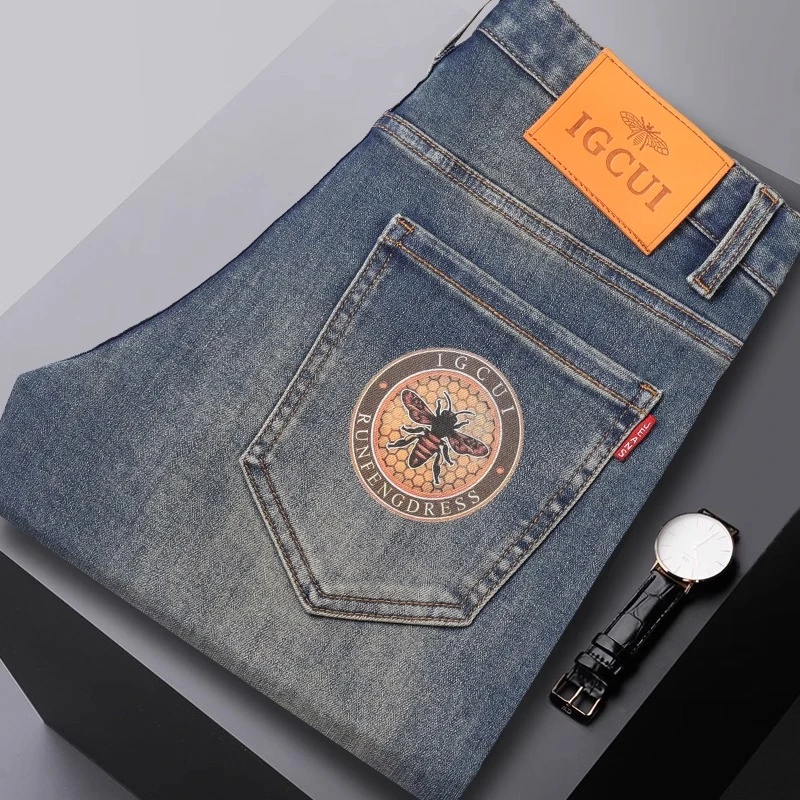 范希巴迪轻奢高端牛仔裤男士怀旧复古弹力小脚裤潮牌印花时尚百搭