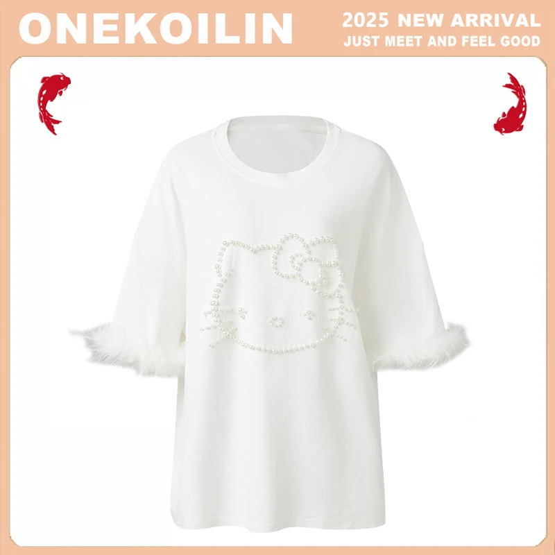 OneKoilin 设计师款kt猫重工钉珠羽毛大版T KTMT