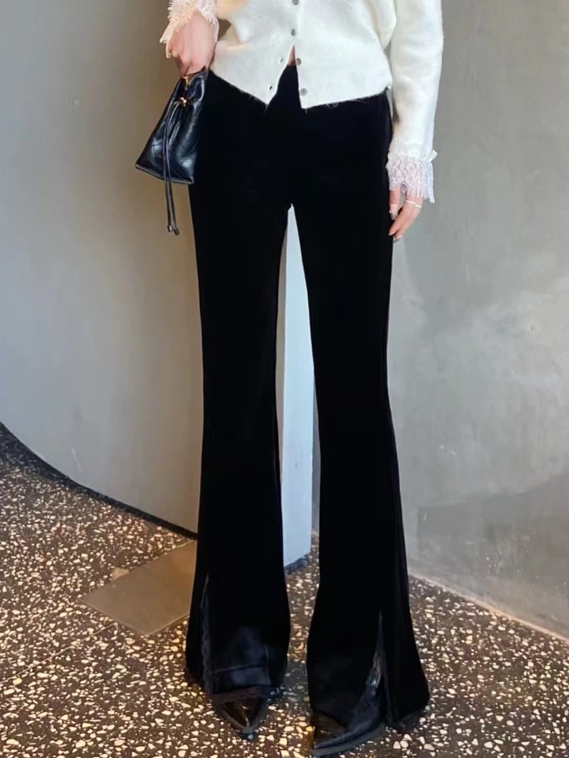 卡麦酱-ENY 黑色丝绒加绒款碎花边侧开叉微喇裤 6933