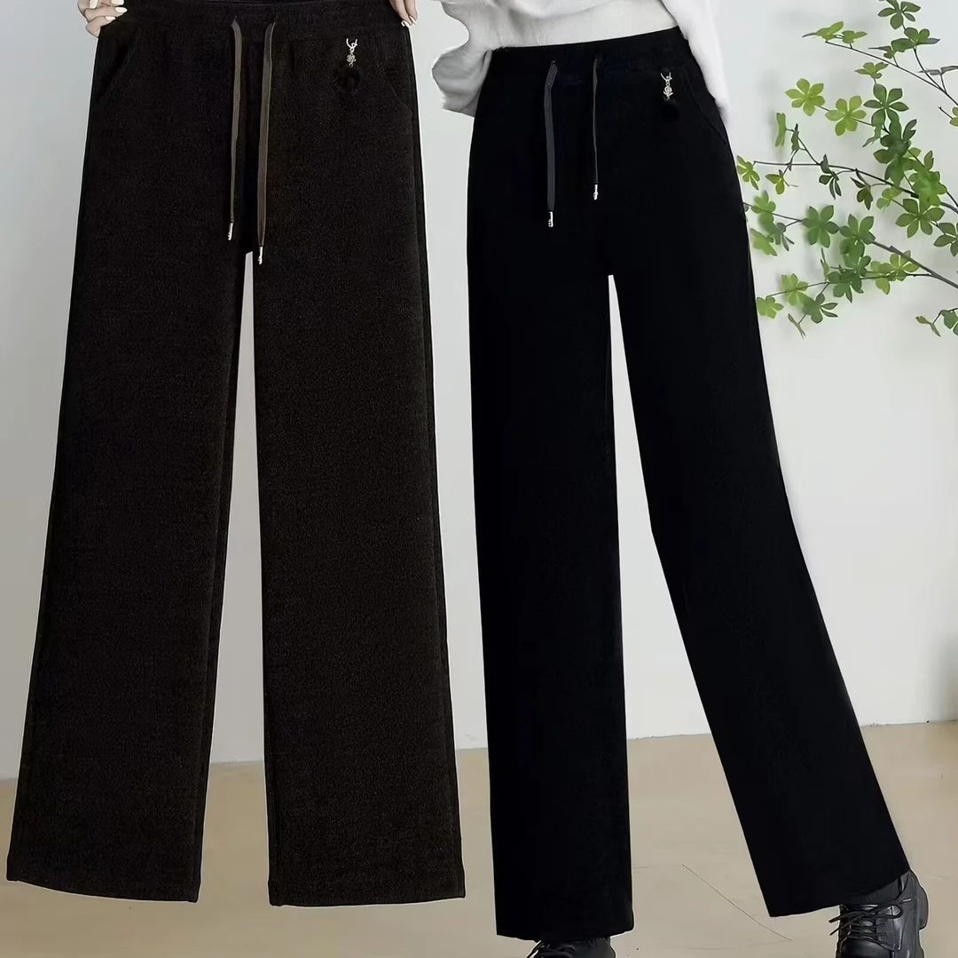 冬季2025高腰直筒裤阔腿裤显瘦加绒保暖休闲裤长高腰宽松抽绳百搭