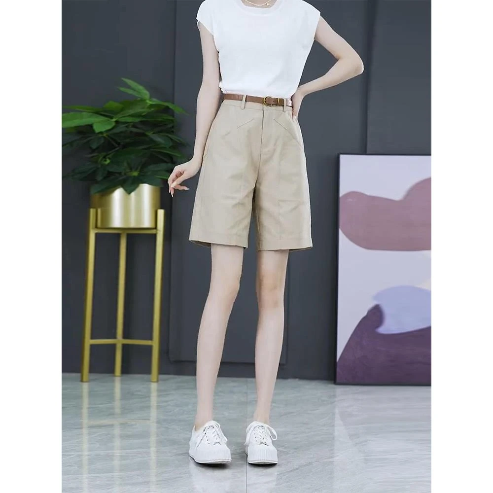 女高腰薄款短裤卡其色休闲五分裤女春夏阔腿西装短裤小个子夏季薄