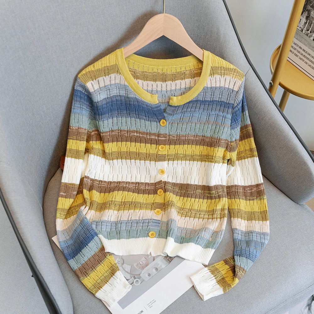 L367女装镂空彩虹拼接色条纹长袖t恤春季设计感小众显瘦针织上衣