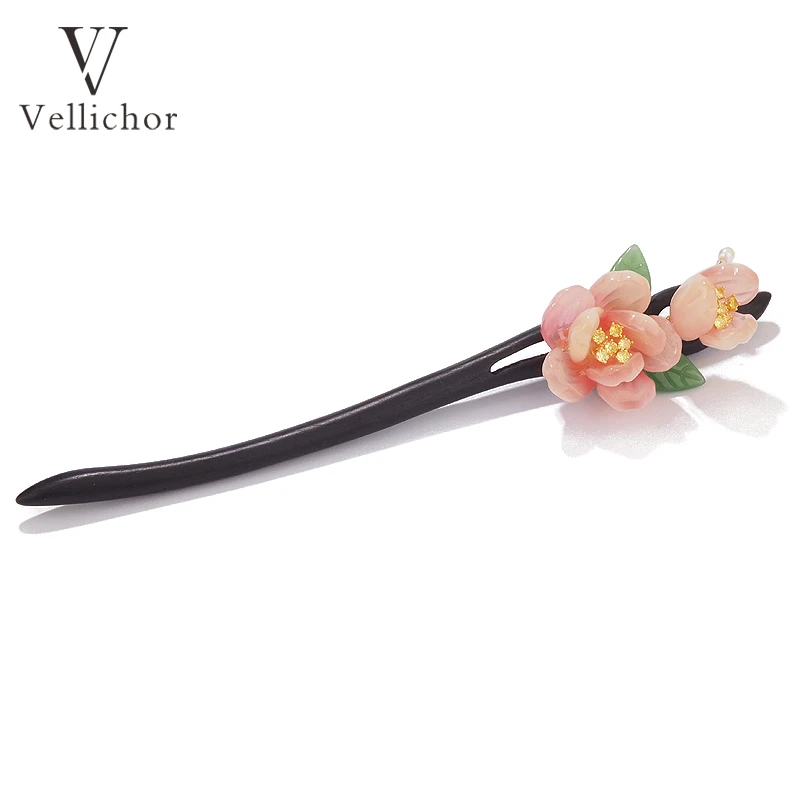 国风灵动黑檀木彩色的海棠花发簪子女手工原创盘发发饰