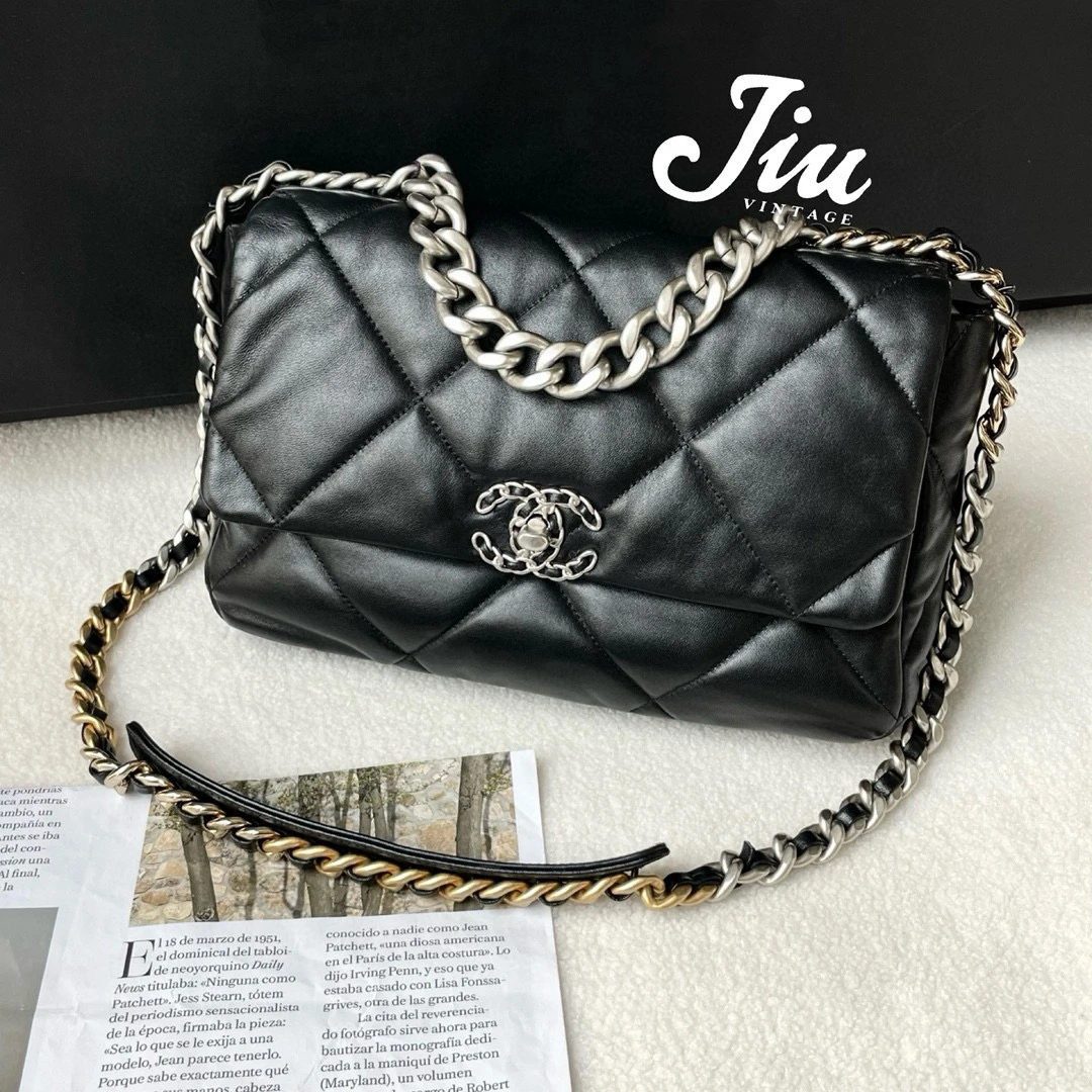 99新 Chanel/香奈儿 黑银19bag中号芯片CG14-0053单肩包