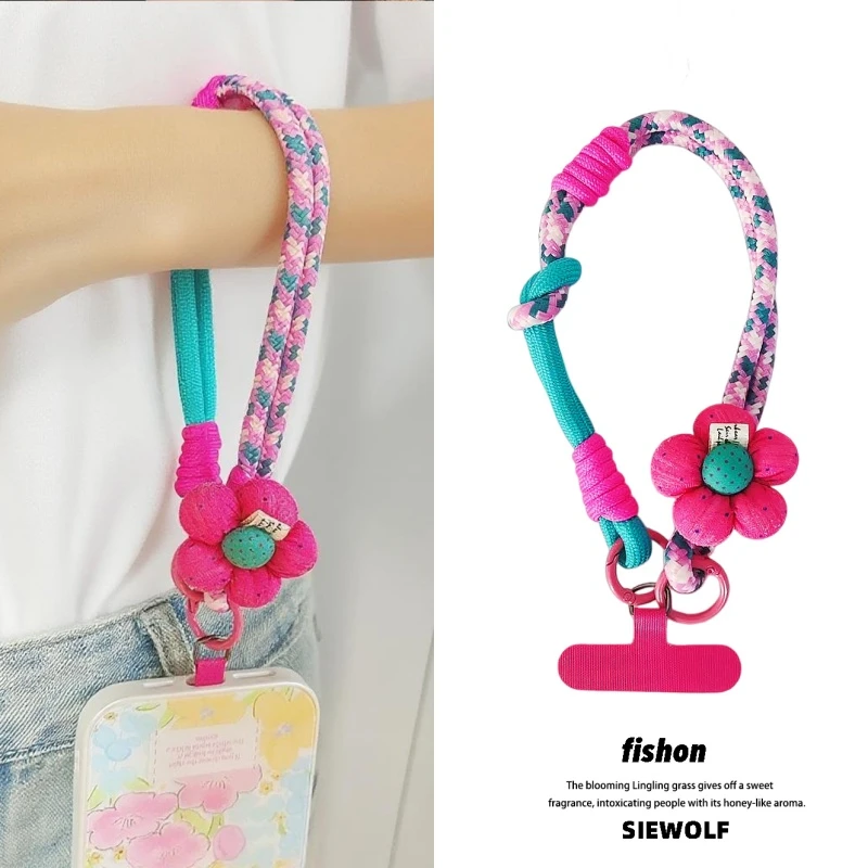手机挂绳短款手腕带花朵饰品可拆便携编织绳挂件两股手绳结实耐用