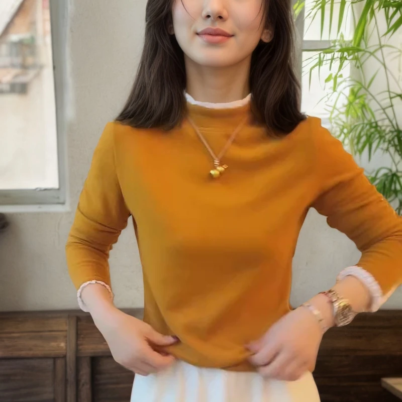 【花边领拼接】2025秋冬新款花边领袖口拼接长袖上衣LK2508181