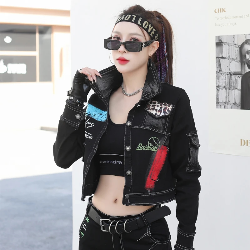 朋克风2025春季新品网红款欧货女装潮流高街酷酷潮牌短款牛仔外套