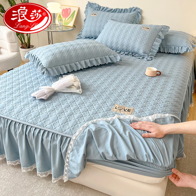 浪莎新款水洗棉夹棉床笠式床裙遮丑下摆单件床罩带裙边四季通用款