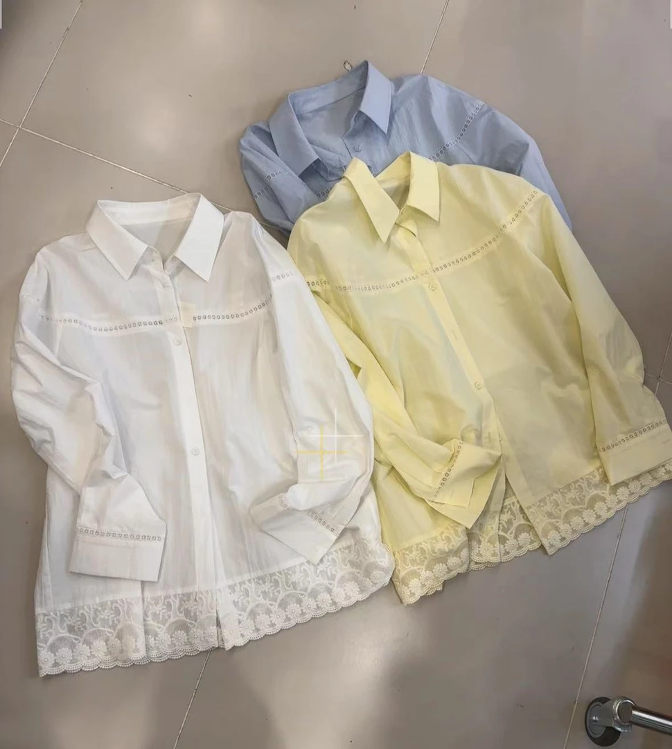 3356高级感蕾丝拼接白衬衫女中长款2025新款韩版休闲宽松百搭衬衣
