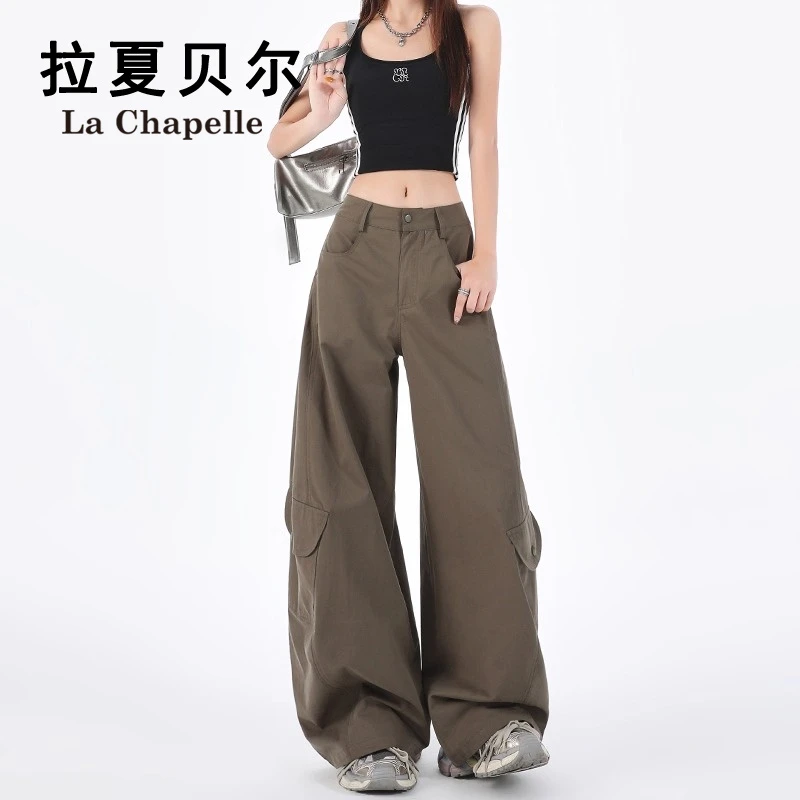 拉夏贝尔美式宽松潮流弯刀裤女早秋装高腰垂感休闲痞帅酷飒工装裤