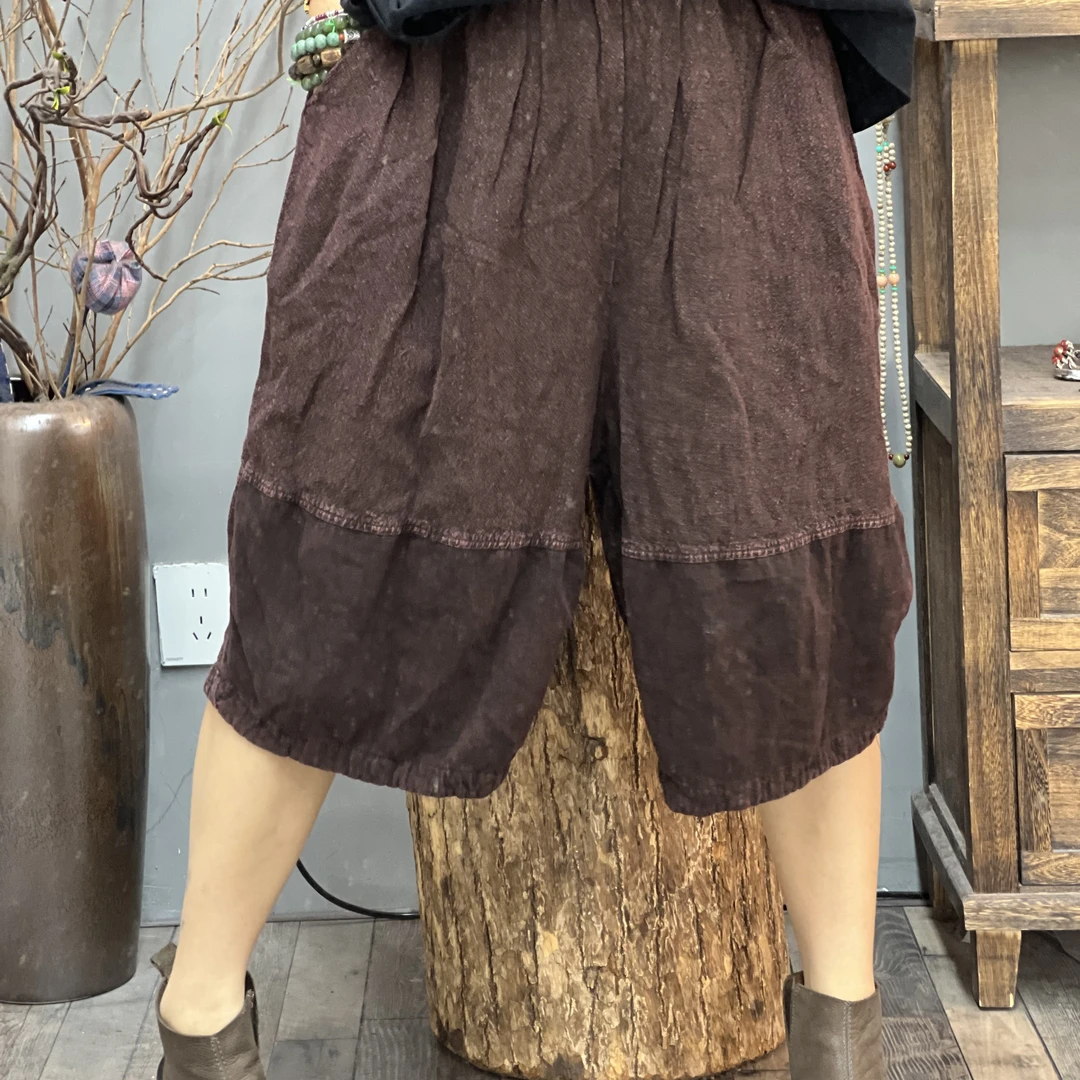 F30 7881 夏季新品炒色亚麻拼接文艺休闲女士短裤 臀围134长61