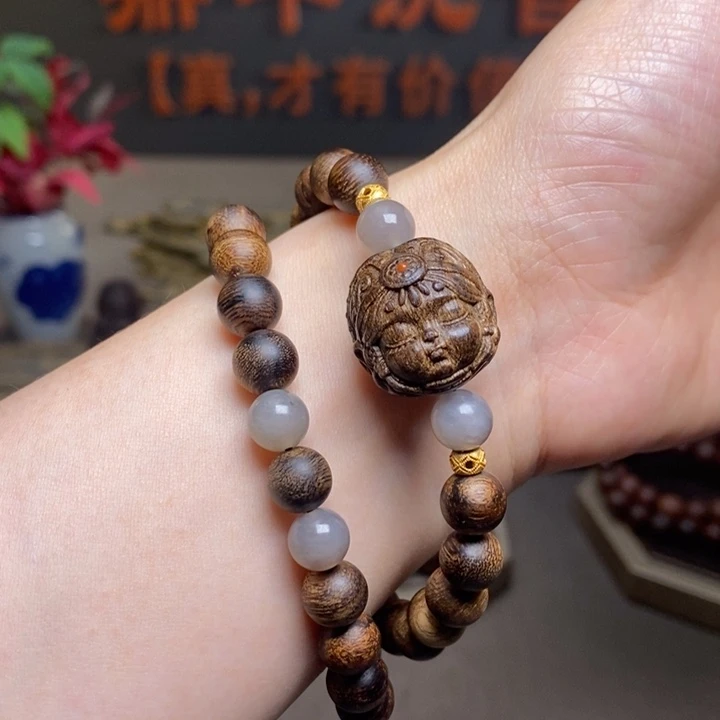 沉香手串越南芽庄黄棋楠瘤疤08➕扎基沉香木雕