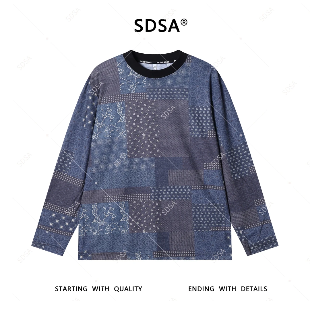 SDSA男士秋冬新款轻奢痞帅男装休闲风宽松型印花撞色圆领长袖T恤