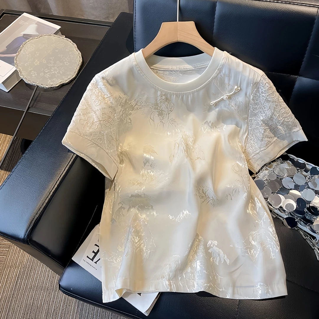 高端复古缎面新中式国风2025夏季新款别致独特斜襟短袖提花T恤女
