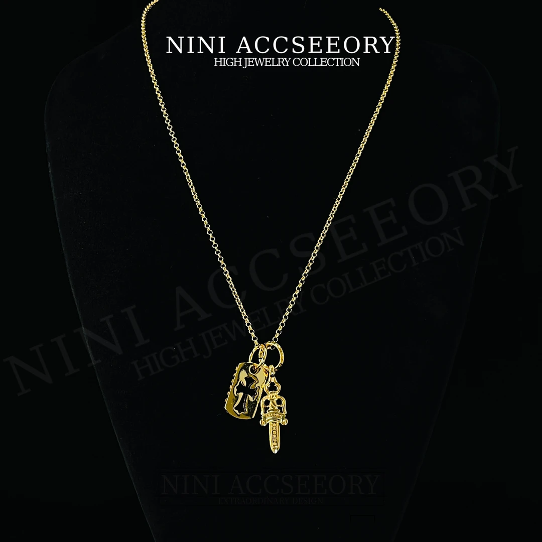 『嘻哈圣剑方牌』精工金色十字架军牌时尚精致宝剑双吊坠项链60CM