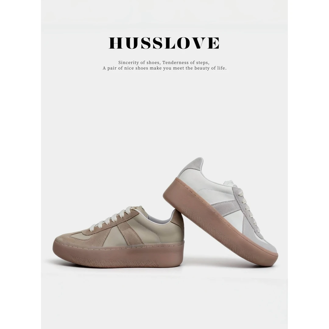 HUSSLOVE 时尚拼色经典牛皮百搭休闲板鞋女厚底增高运动鞋德训鞋
