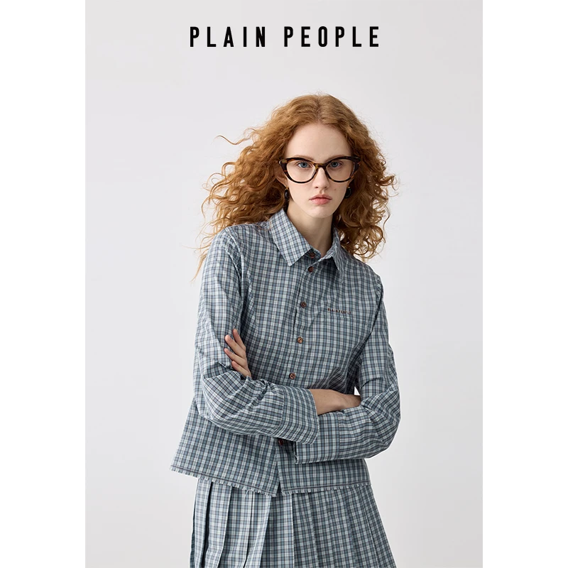 PLAIN PEOPLE学院风格纹小箱型刺绣长袖翻领衬衫上衣女2025夏新款