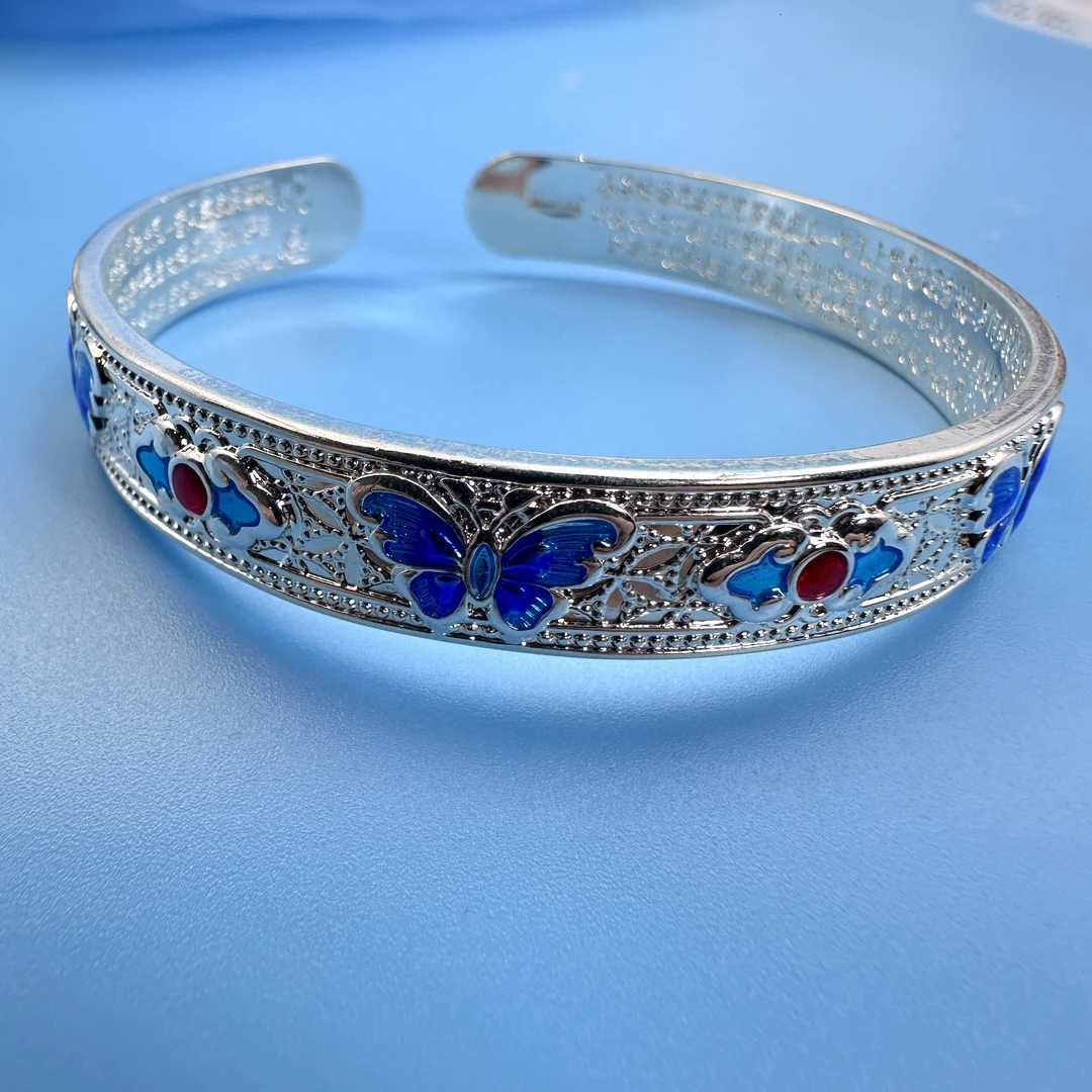 合金珐琅手镯 古法轻奢凤麟金蝶珐琅彩银手镯实心新中式国风新款