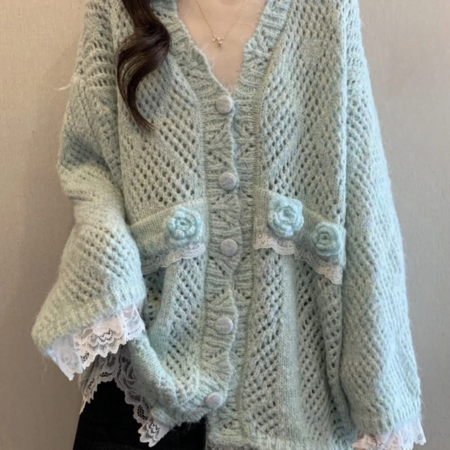 蕾丝拼接V领针织开衫毛衣外套女春秋2025大码胖mm宽松慵懒风上衣