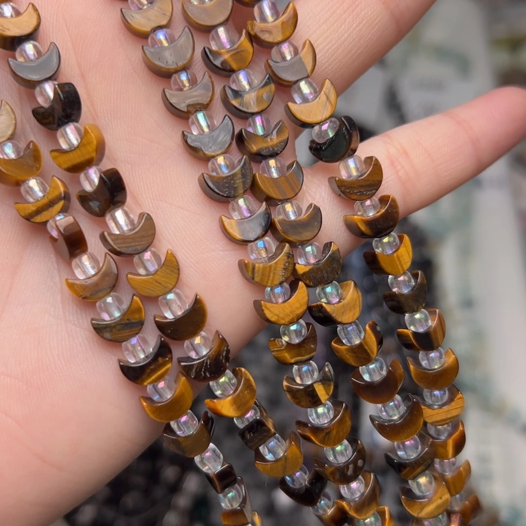 玛瑙/玉髓合金珠宝半成品K473。8mm天然黄虎眼月亮一条